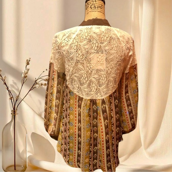 Entro Boho Aztec Neck-Tie Blouse | Sheer Patchwork Print Top - Picture 4 of 5